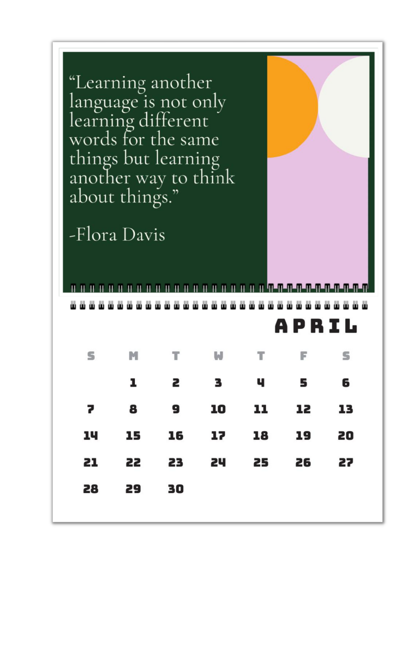 Academic Year Inspirational Language Quote Calendar 2025-26, inspirational quotes about language acquisition, language learning quotes calendar,