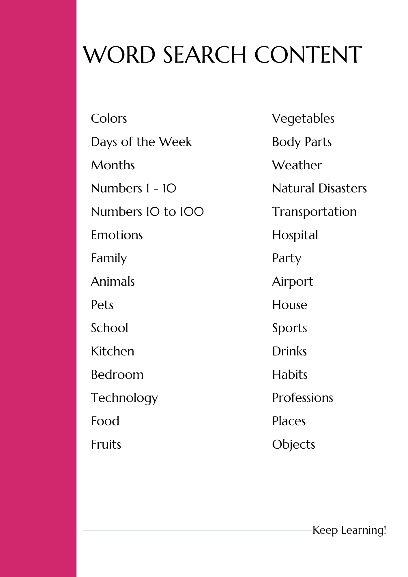 Spanish Vocabulary Word Search Worksheets