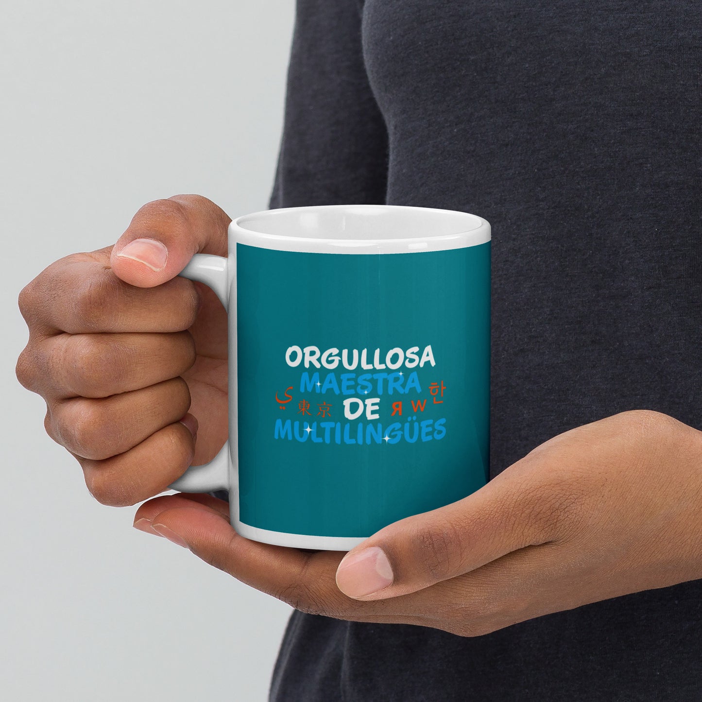 Taza blanca brillante Profesora Multilingüe (Español).