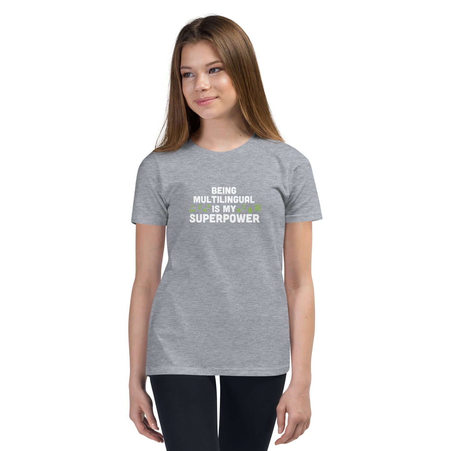 Camiseta de manga corta para jóvenes Superpower multilingüe.