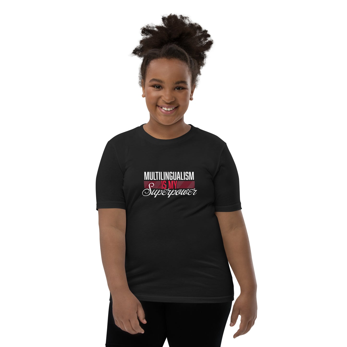 Camiseta de manga corta para jóvenes Superpower multilingüe.