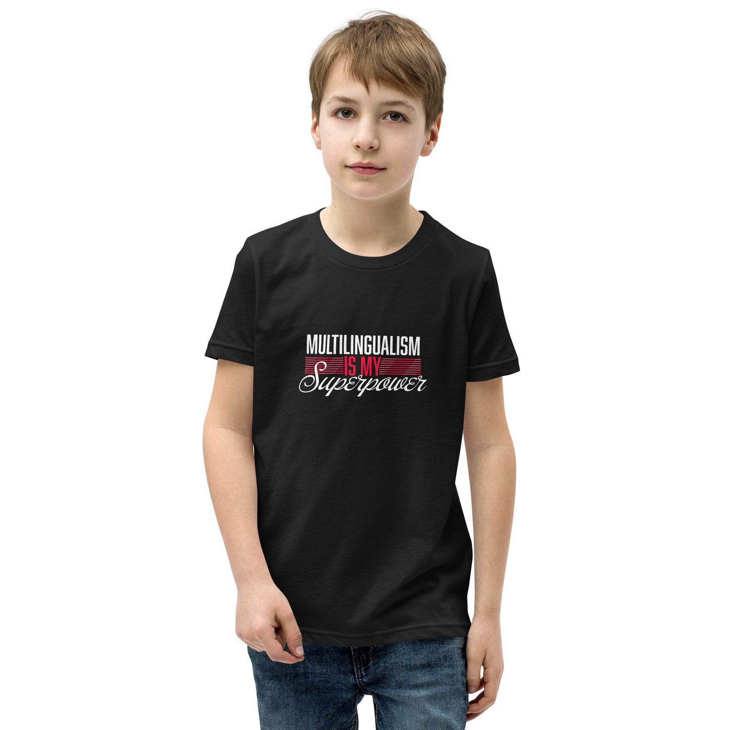 Camiseta de manga corta para jóvenes Superpower multilingüe.