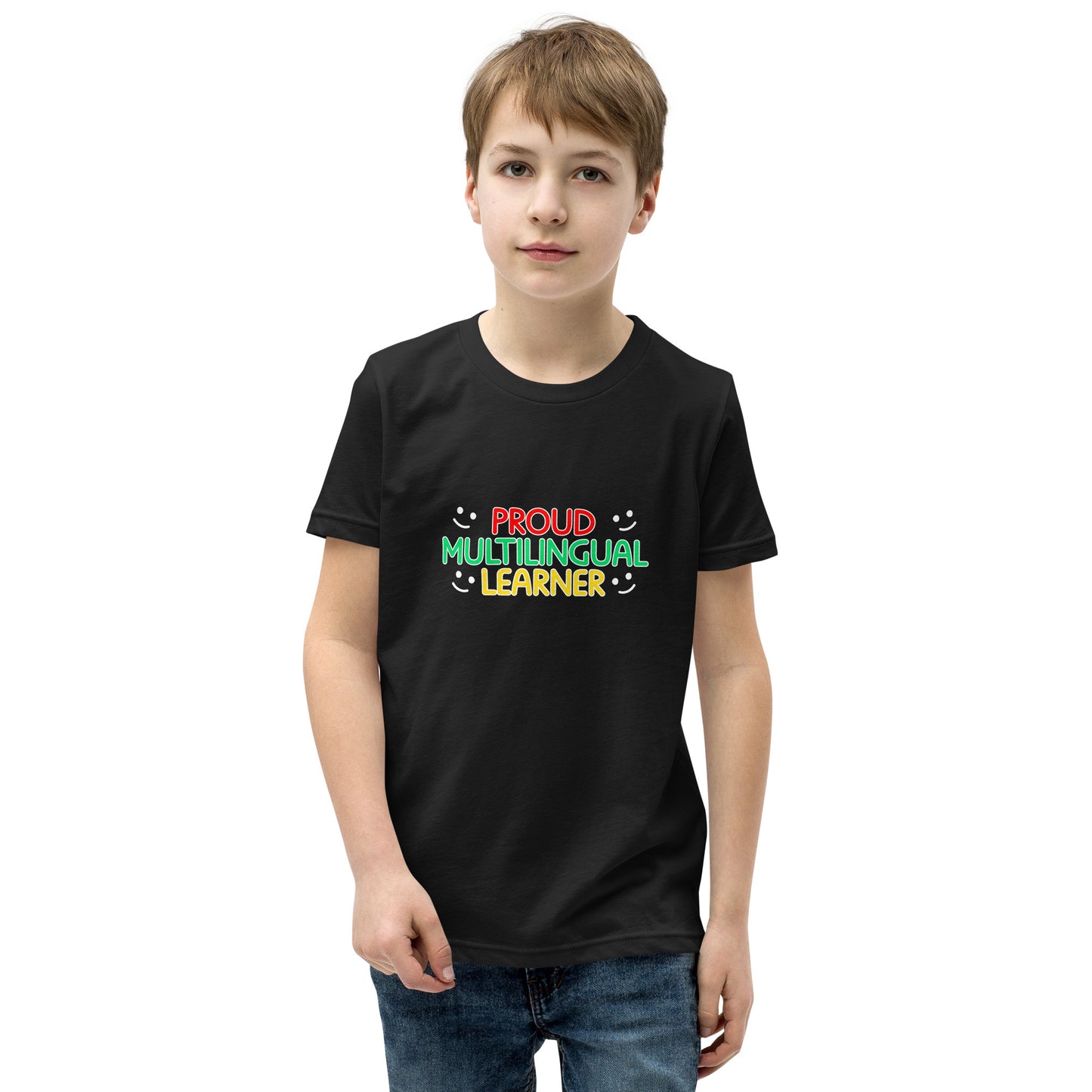 Camiseta de manga corta para jóvenes multilingües.
