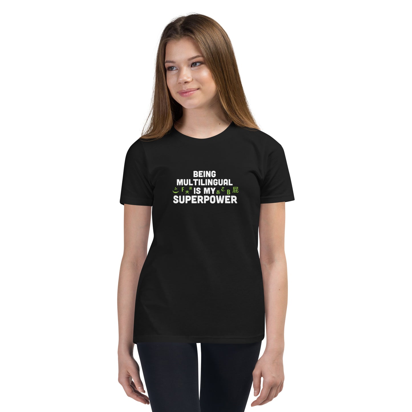 Camiseta de manga corta para jóvenes Superpower multilingüe.