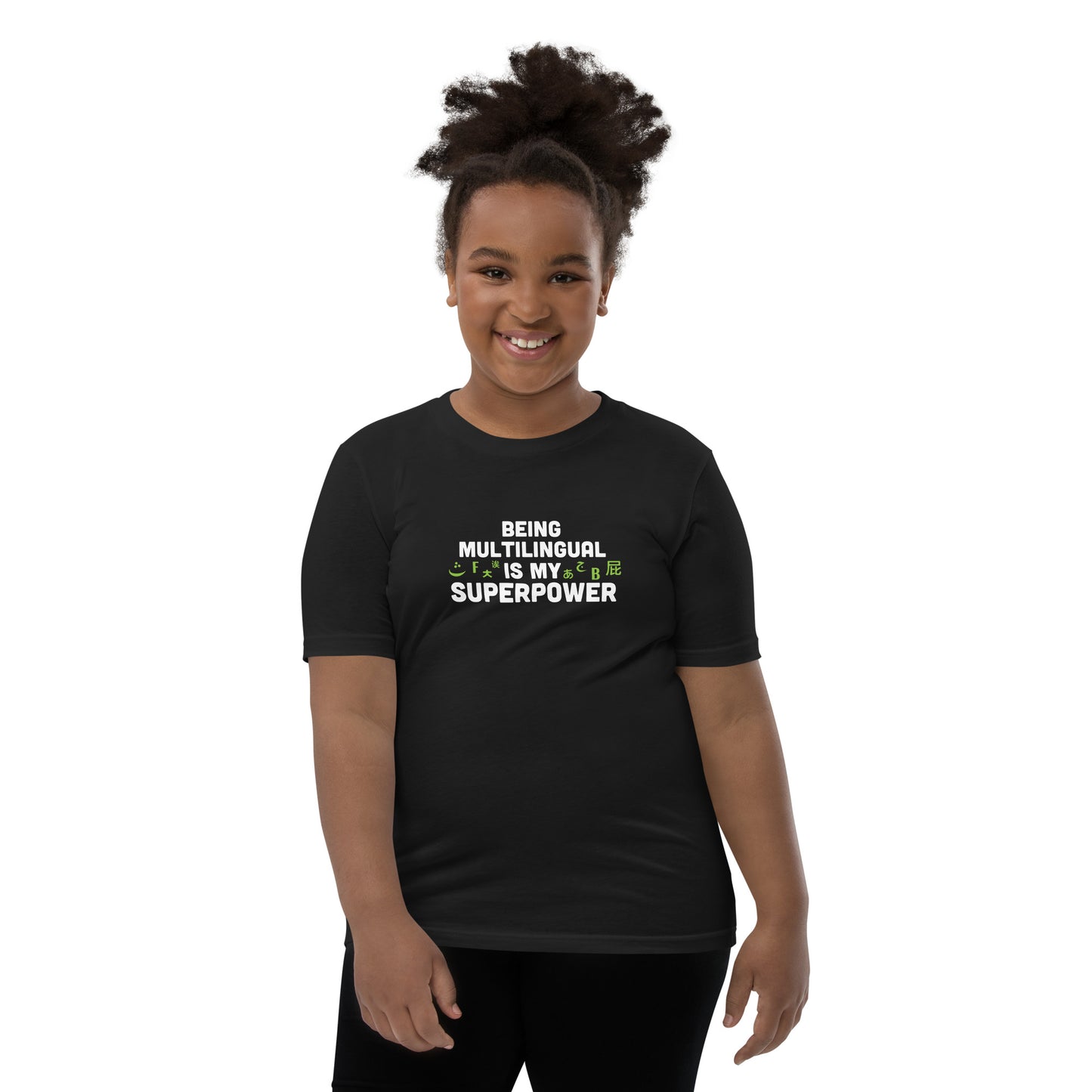 Camiseta de manga corta para jóvenes Superpower multilingüe.