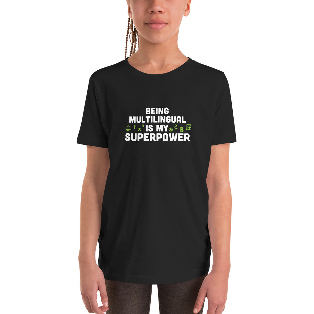 Camiseta de manga corta para jóvenes Superpower multilingüe.
