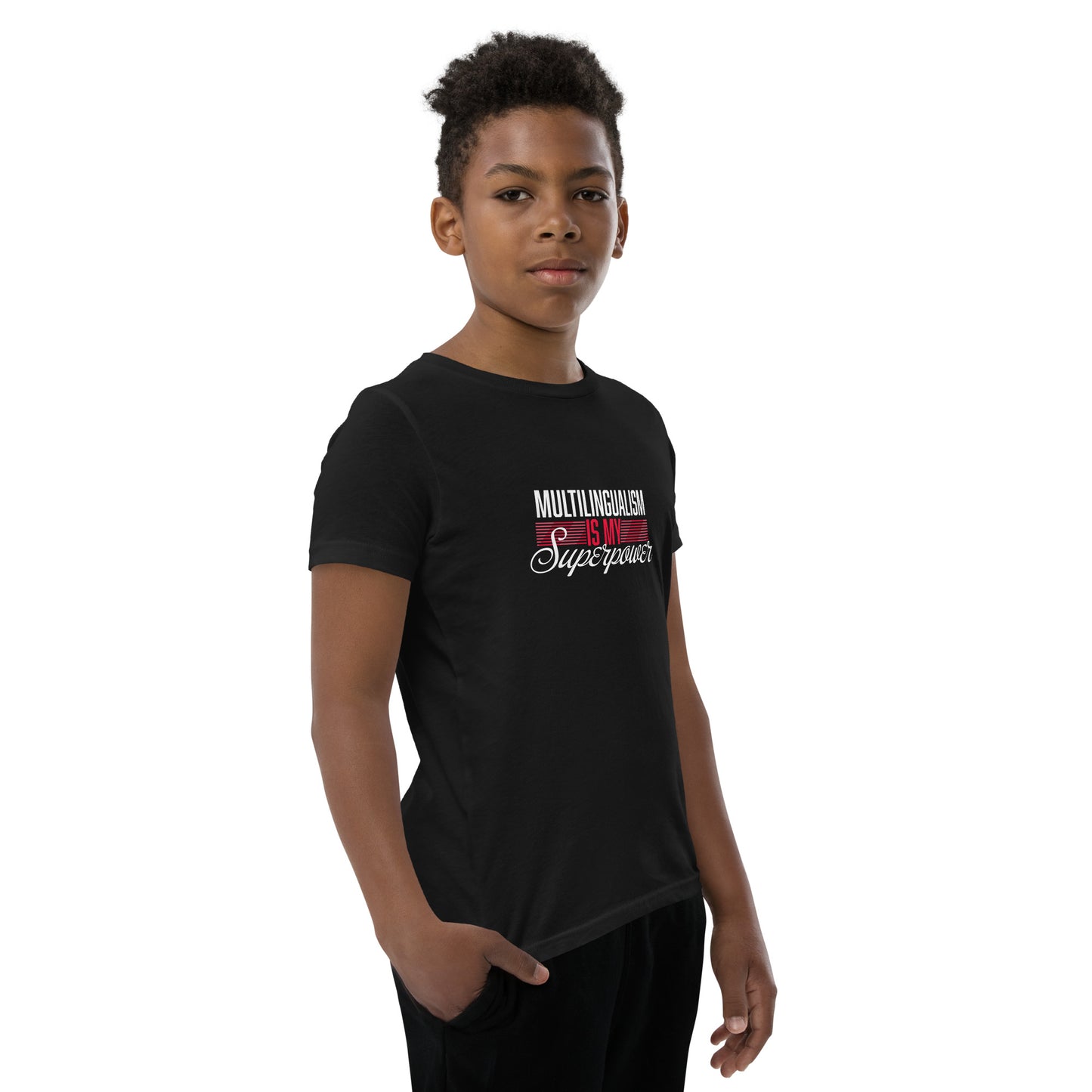 Camiseta de manga corta para jóvenes Superpower multilingüe.