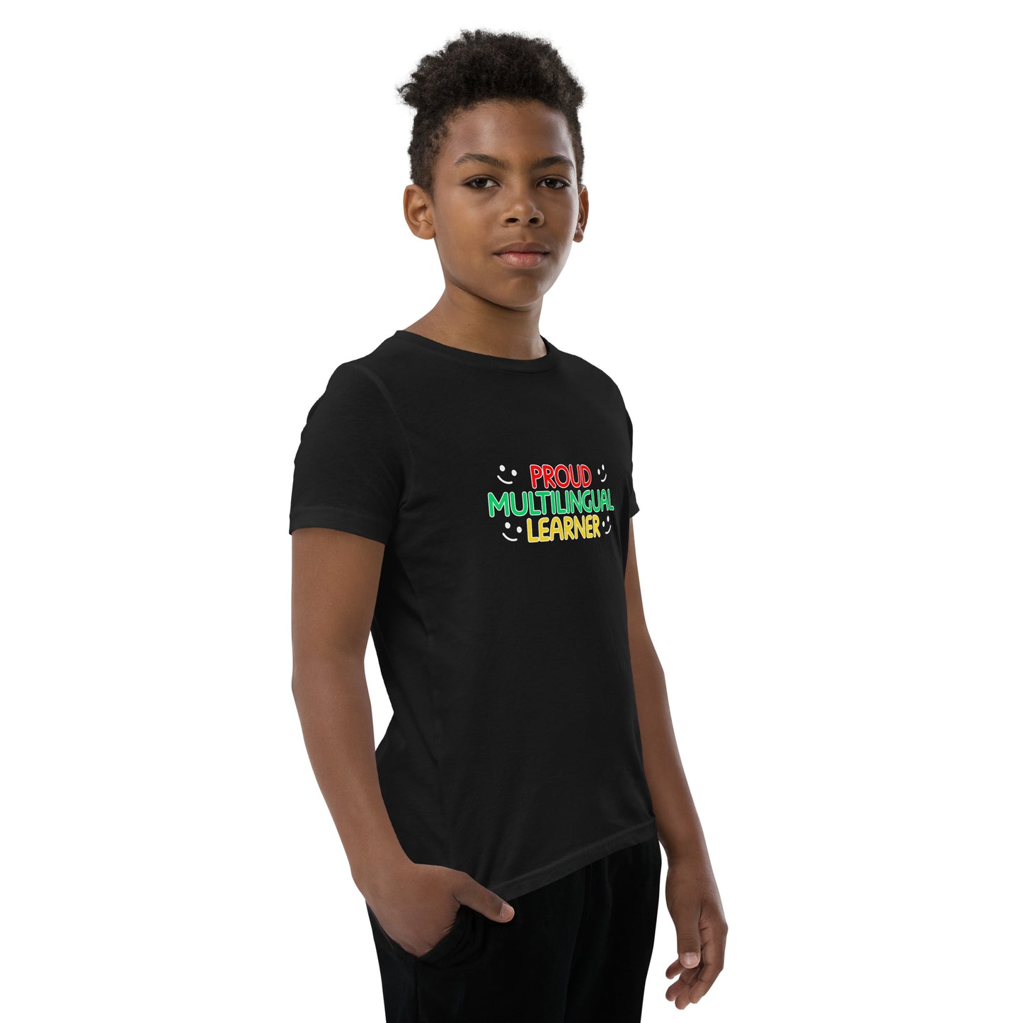 Camiseta de manga corta para jóvenes multilingües.
