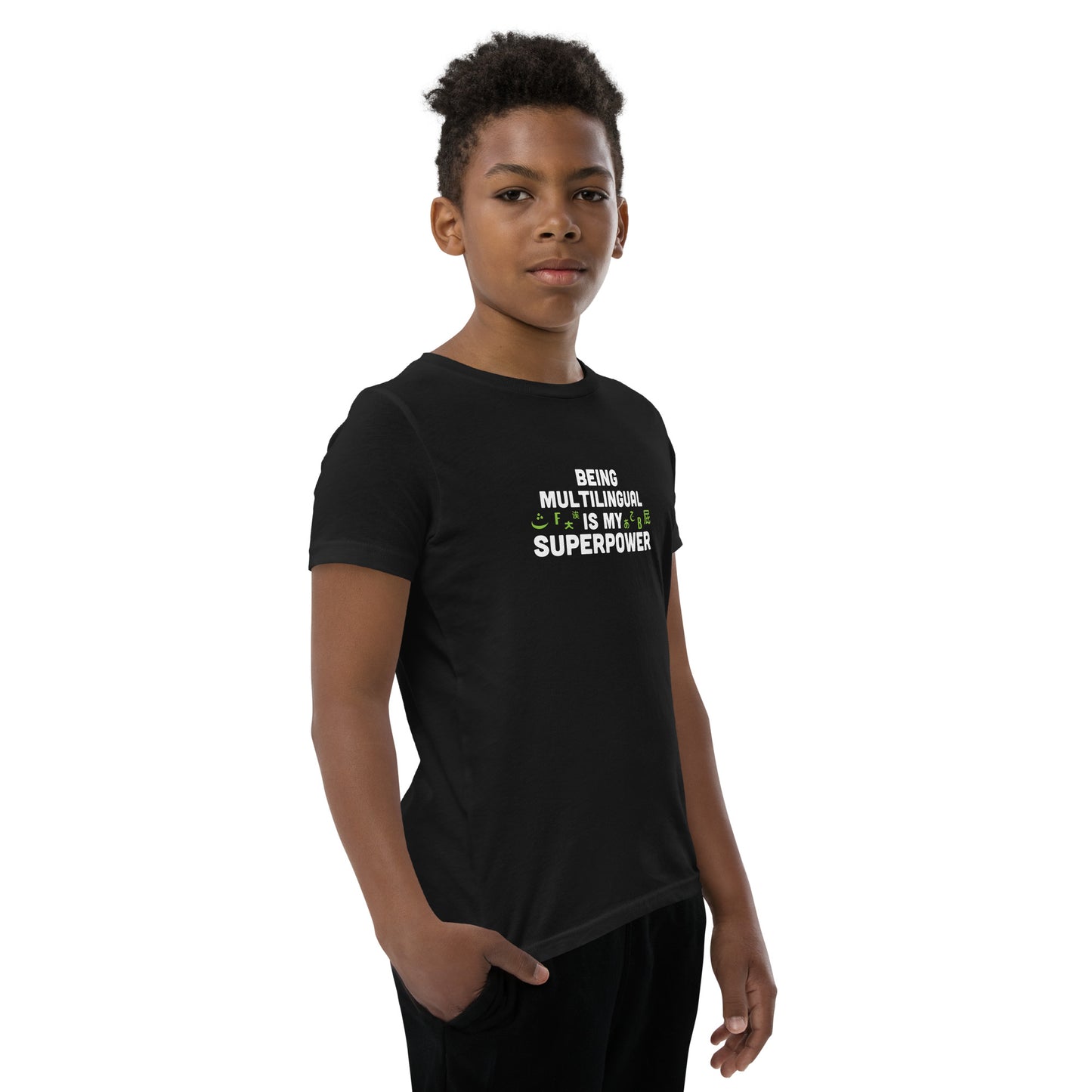 Camiseta de manga corta para jóvenes Superpower multilingüe.