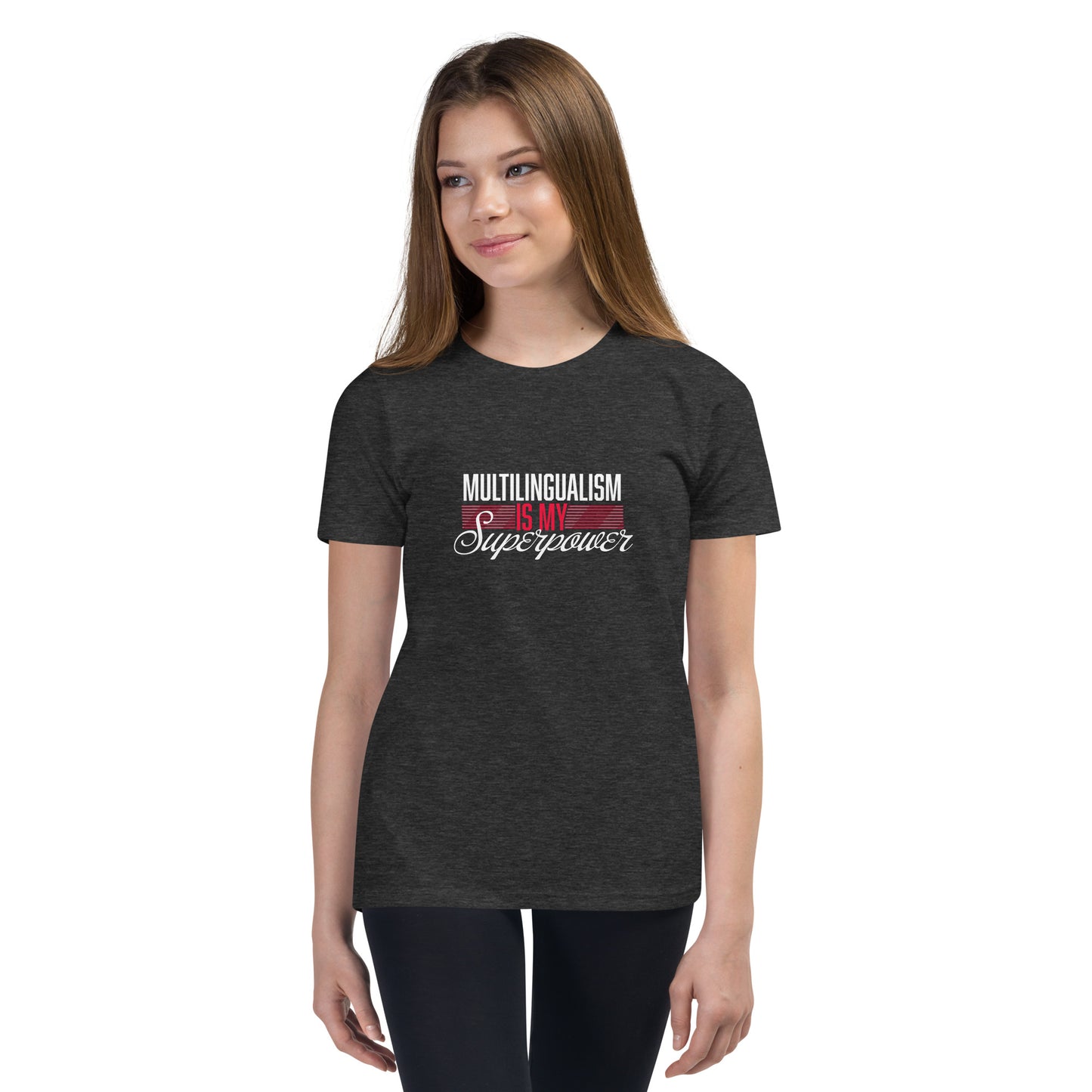 Camiseta de manga corta para jóvenes Superpower multilingüe.