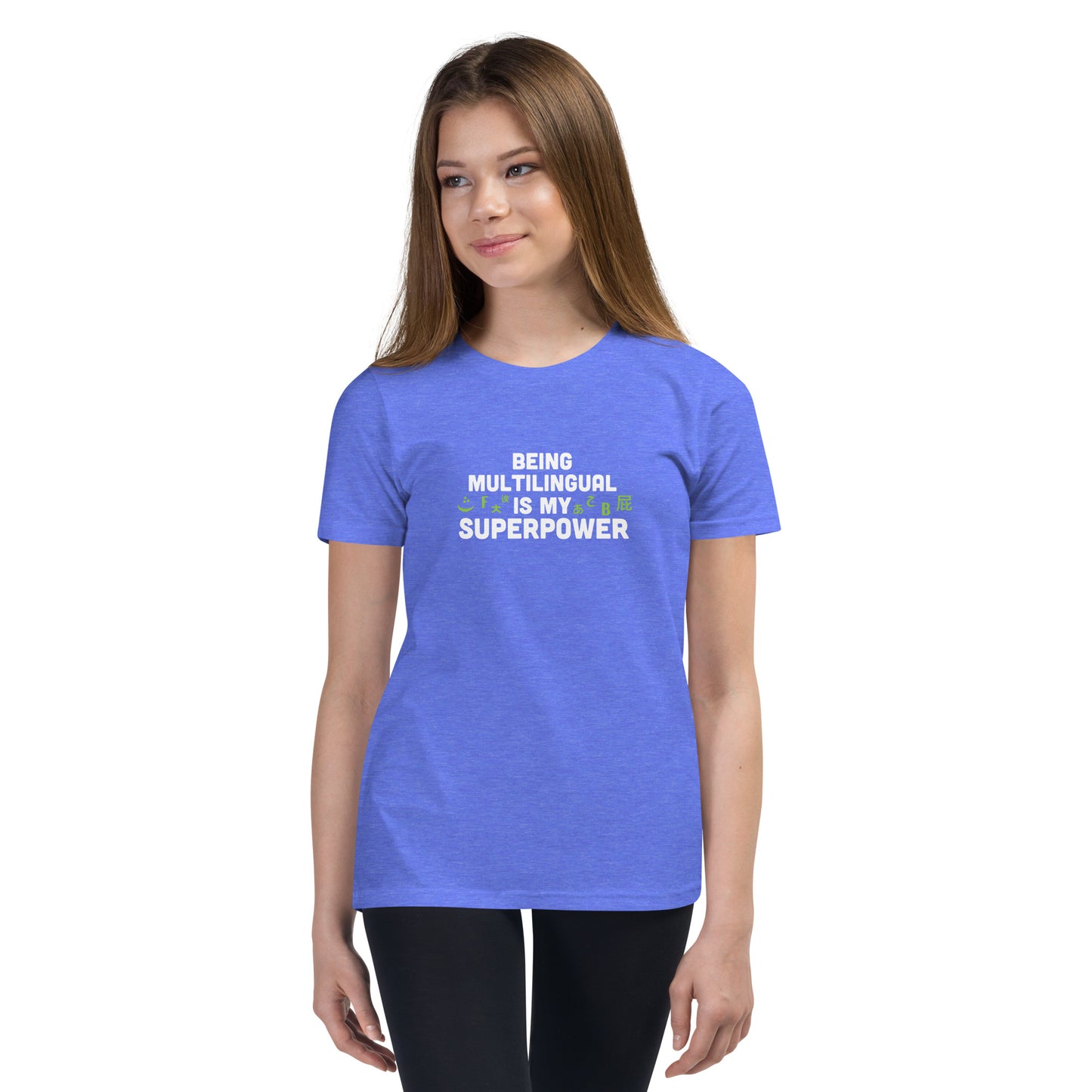 Camiseta de manga corta para jóvenes Superpower multilingüe.