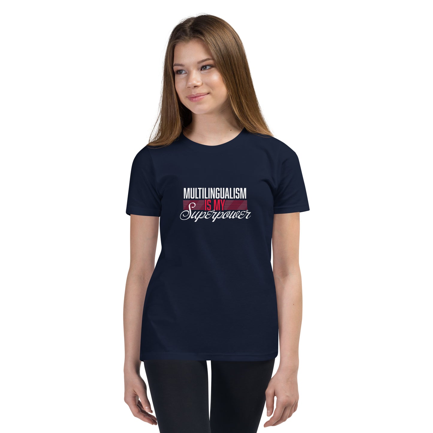 Camiseta de manga corta para jóvenes Superpower multilingüe.