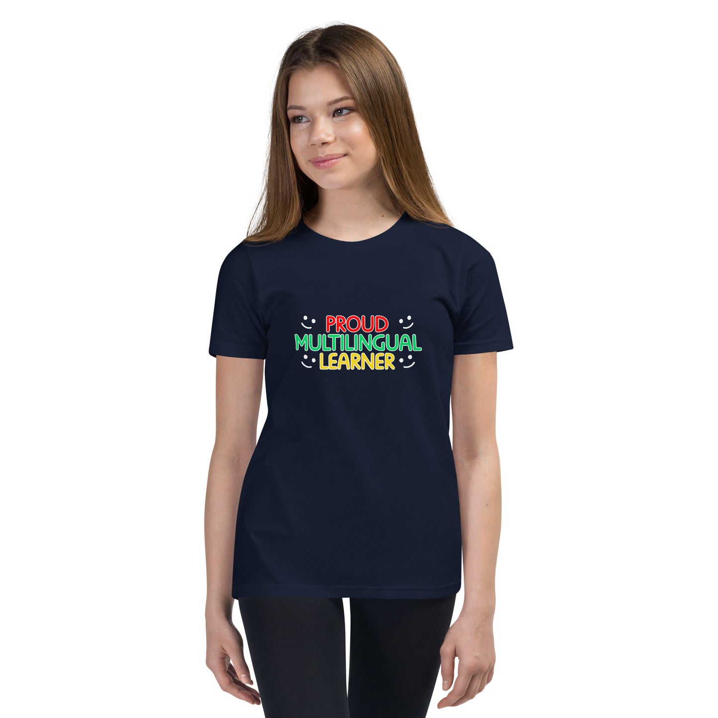 Camiseta de manga corta para jóvenes multilingües.