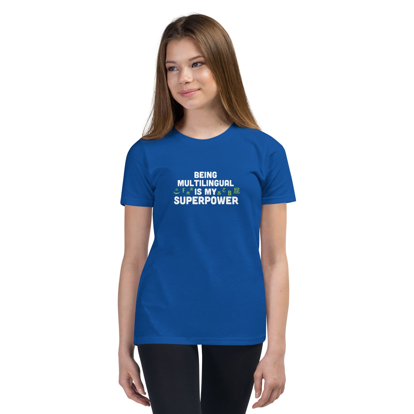 Camiseta de manga corta para jóvenes Superpower multilingüe.